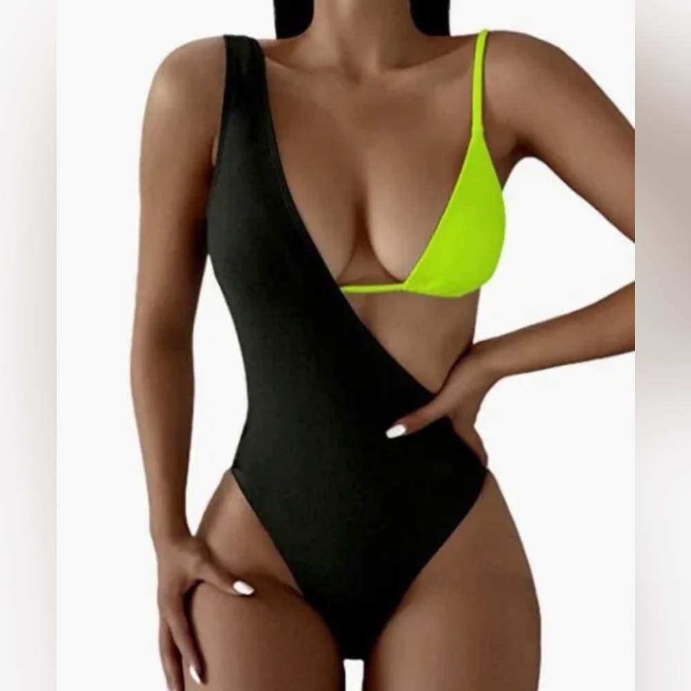 Women's Colorblock 3 PCS Swimsuit Rib Triangle Bikini Set One Shoulder suit L
